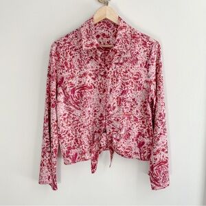 Pink Swirl Tie Dye Flared Bell Sleeve Tie Front Satin Button Down Blouse Pink M